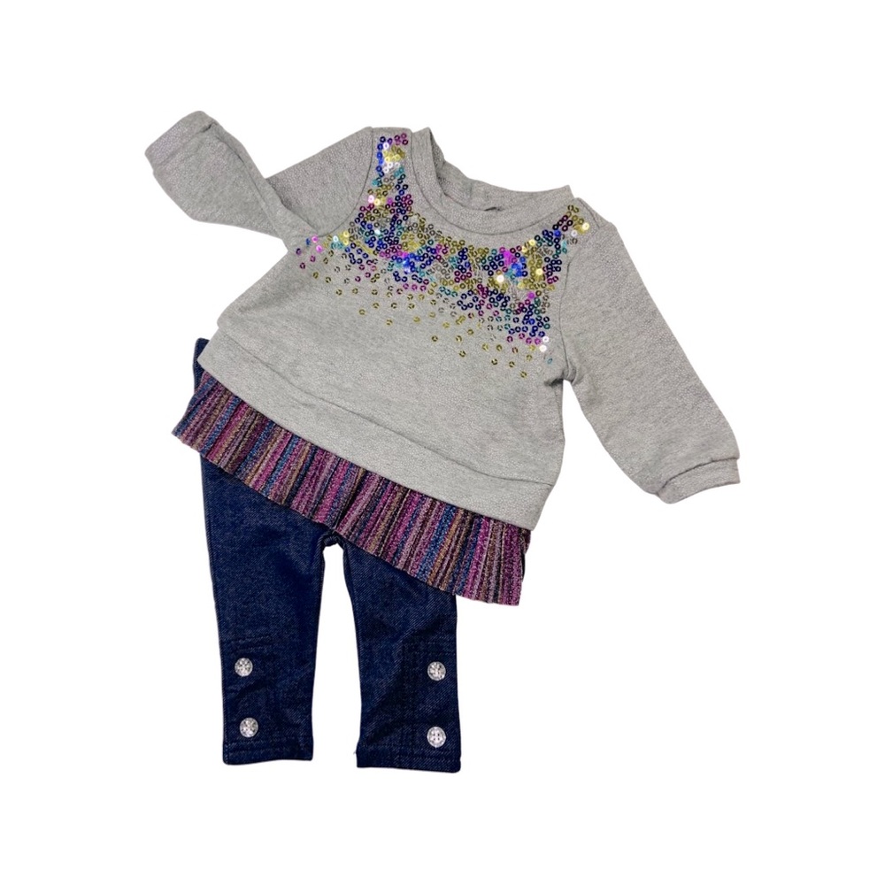 2 piece Sparkling gray sweater & Navy blue pants Baby Girl